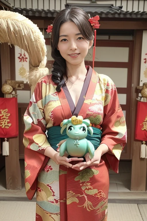 (high-level image quality、hightquality、hight resolution、masterpiece、detaileds)、(There is a girl)、Smile at the camera、Japanese style hairstyle with a hairpin、((skiny body:1.3))、((Small:1.3))、(Bra and panties arranged in a kimono style、is standing、Holds a zodiac dragon figurine in both hands、The pose is so cute and nice、(In front of the open gate of a big old house)、(Kadomatsu and New Year decorations are lined up)