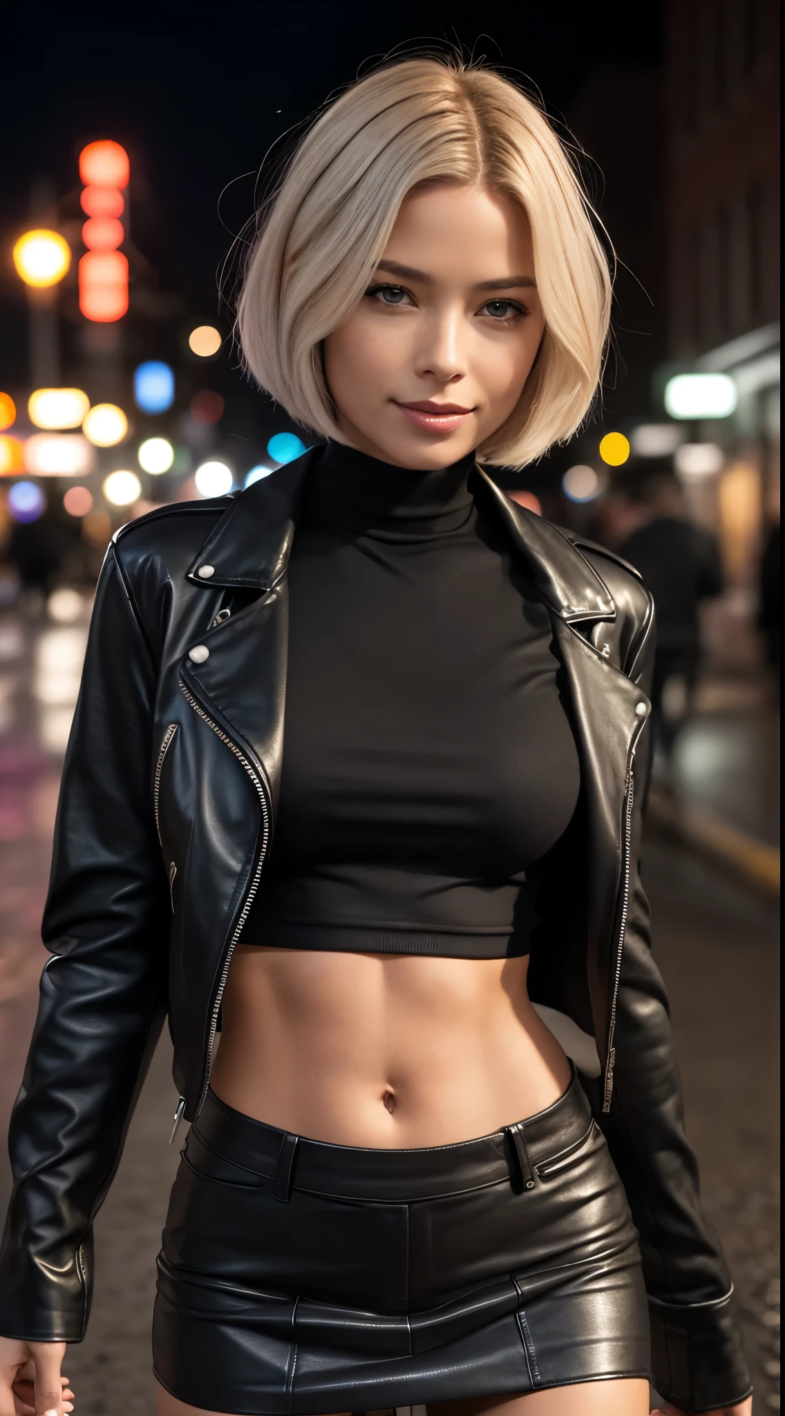 Foto hiperrealista en primer plano de Doutzen Kroes, masterpiece, best quality, (black biker jacket over black crop top:1.1), (black leather mini skirt:1.2) night street after rain, neons, cinematic light, beautiful woman, skinny, medium breasts, platinum hair, (bob haircut:1.2), wrinkles on the face, detailed face, smile, facing the camera, photo taken from a distance, age of 50 years old