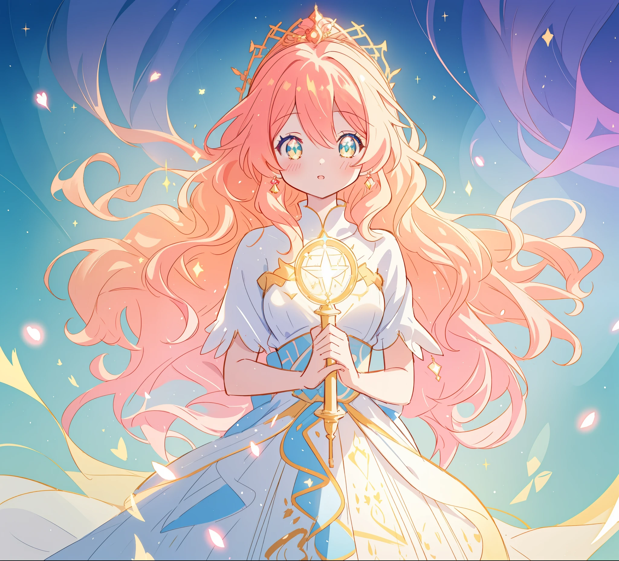 beautiful anime girl in white princess ballgown, vibrant pastel colors, (colorful), magical lights, red and gold long wavy curly hair, sparkling lines of light, inspired by Glen Keane, inspired by Lois van Baarle, disney art style, by Lois van Baarle, glowing aura around her, by Glen Keane, jen bartel, glowing lights! digital painting, flowing glowing hair, glowing flowing hair, beautiful digital illustration, fantasia background, whimsical, magical, fantasy, beautiful face, ((masterpiece, best quality)), intricate details, highly detailed, sharp focus, 8k resolution, sparkling detailed eyes, liquid watercolor