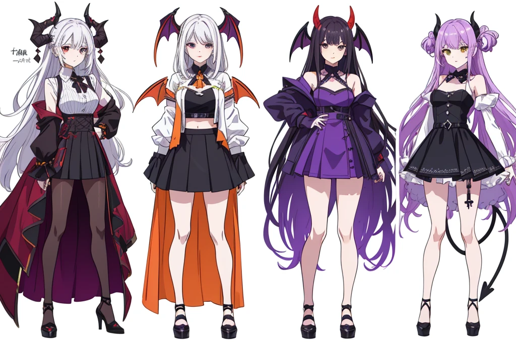 (((Best Quality))) , ((full body)), reference sheet, (white background), demon horns, succubus, mini skirt, violet outfit, ,Devil Wings,
multiple characters, white background, variety of hairstyles, variety of fashion styles, seductive pose, fashionable and trendy atmosphere,
blue, orange, green, violet, brown, white,