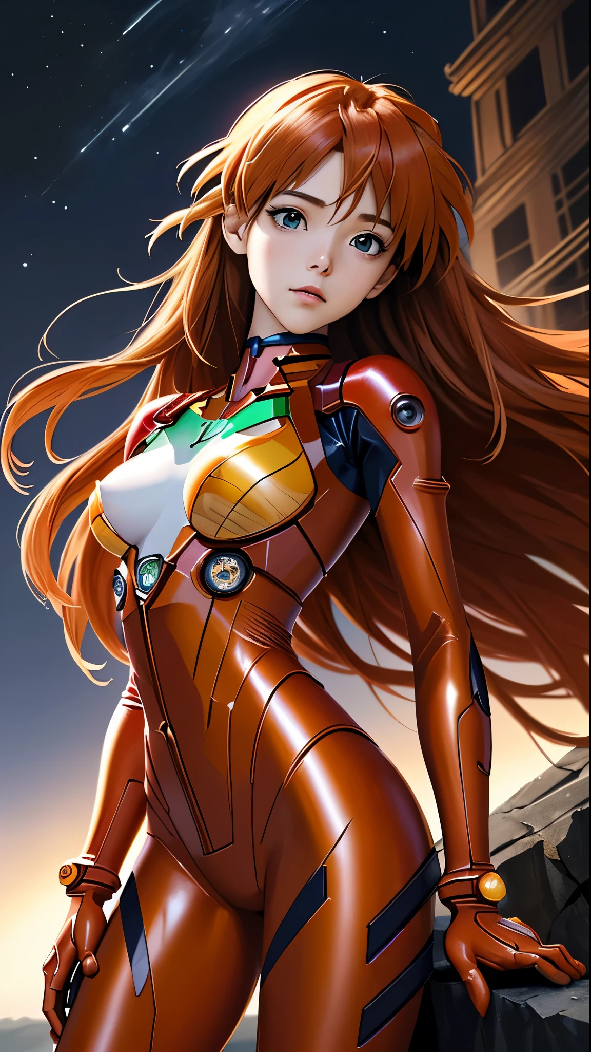 (La mejor calidad, Obra maestra, De color, Dynamic Angle, highest Detallado)(Asuka Langley), Foto de la parte superior del cuerpo, Fashion Photography of Cute Long Haired Redhead Girl (Asuka Langley), dressing high Detallado Evangelion red suit (High-resolution textures), in dynamic pose, Bokeh, (Detalles intrincados, hyperDetallado:1.15), Detallado, Moonlight passes through hair, noche perfecta, (Fantastic Art Background), (Arte Oficial, extreme Detallado, highest Detallado), HDR+, panties green