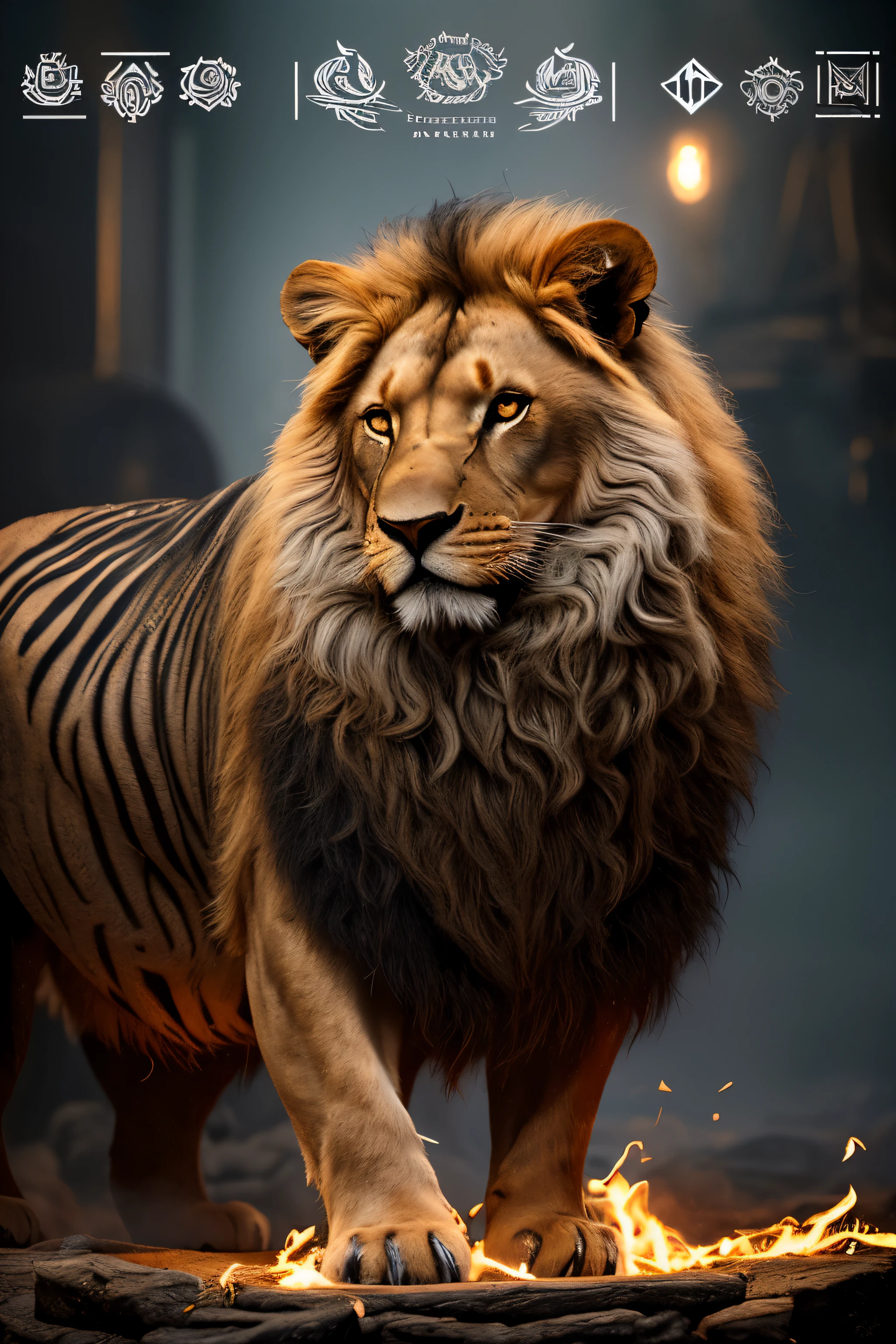 A majestic lion, com uma juba imponente e olhar desafiador, representing strength and courage. No lugar das patas dianteiras, insira martelos de forja cruzados, simbolizando habilidade, hard work and construction. Integrate the forge environment with elements such as sparks flying or flames coming from the hammer, to emphasize the relationship with the forging process. Use cores como dourado, representando realeza, junto com tons de vermelho e laranja, evocando o calor da forja. O texto pode ser incorporado de maneira elegante, perhaps using a font that conveys both robustness and sophistication.