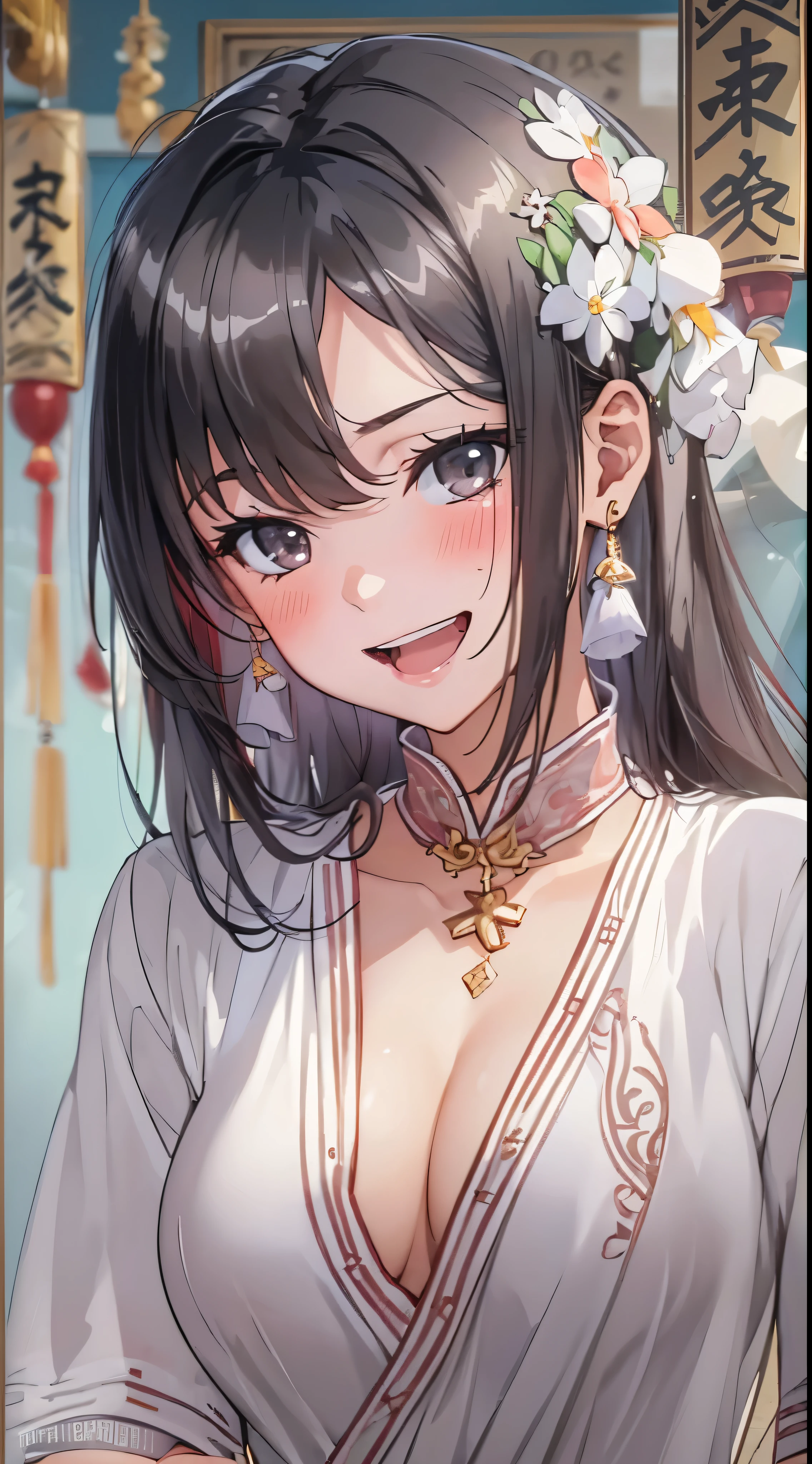 1womanl,Black hair,14years ,(()),Beautiful breasts,(((sexy white shiny cheongsam)))(())(((Blushing cheeks、Smile with open mouth)),(((Satin Narico))),((( portlate))),Crowds,white ceramic dress