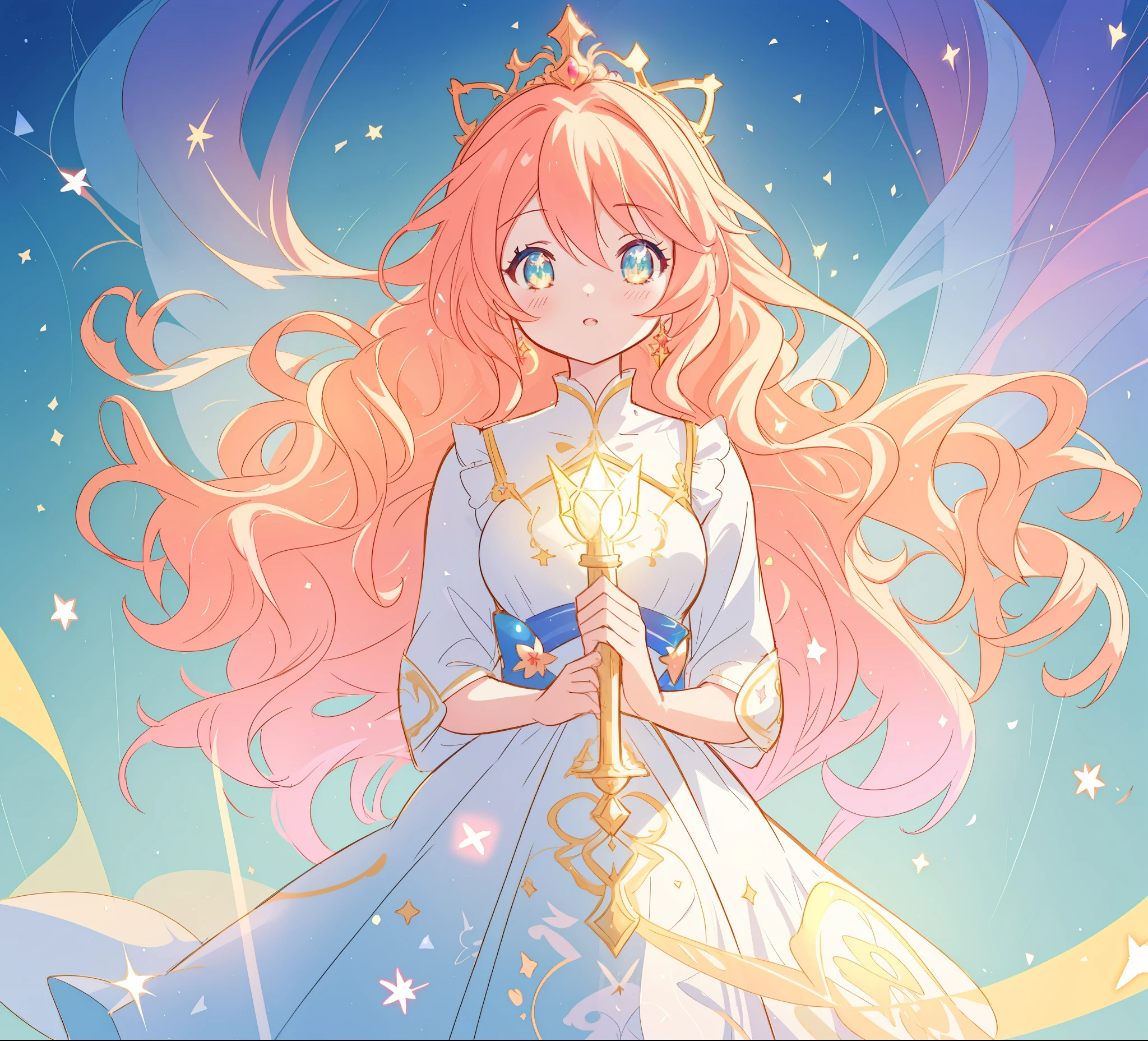 beautiful anime girl in white princess ballgown, vibrant pastel colors, (colorful), magical lights, red and gold long wavy curly hair, sparkling lines of light, inspired by Glen Keane, inspired by Lois van Baarle, disney art style, by Lois van Baarle, glowing aura around her, by Glen Keane, jen bartel, glowing lights! digital painting, flowing glowing hair, glowing flowing hair, beautiful digital illustration, fantasia background, whimsical, magical, fantasy, beautiful face, ((masterpiece, best quality)), intricate details, highly detailed, sharp focus, 8k resolution, sparkling detailed eyes, liquid watercolor