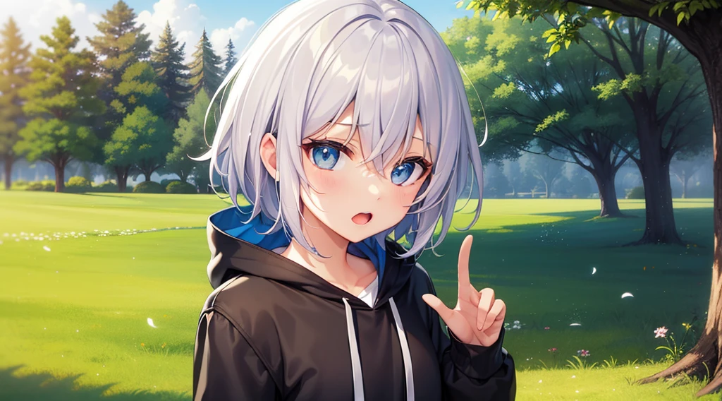 (masutepiece: 1.2, Best Quality), 1 Lady, Solo, silber hair,Shoulder out,Very short hair, long bangs between eyes, blue eyess,Black eyes, Hoodie,White hair, Silver hair, Hoodie, White hoodie、blue-sky、in woods、izumi、flower field、open open mouth、5 fingers