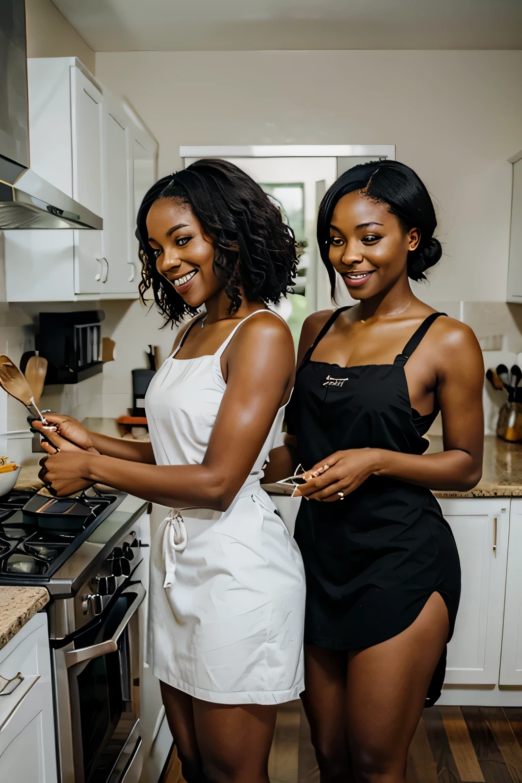 Two black women cooking happily in the home kitchen