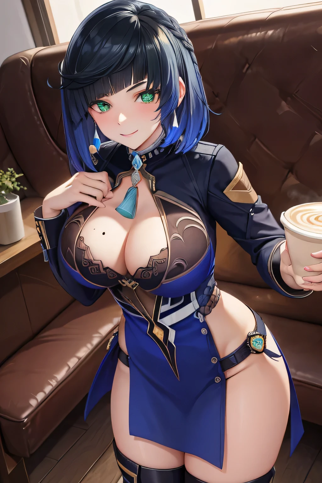 masterpiece, best quality, YelanV4, 1girl, solo, looking at viewer, blush, smile, large breasts, cleavage, green eyerown sweater, black legwear, ankle boots, boots:1.3)), couch, coffee, holding cup, ((hands on hip)), pelvic curtain, mole on breast, vision (genshin impact), cowboy shot