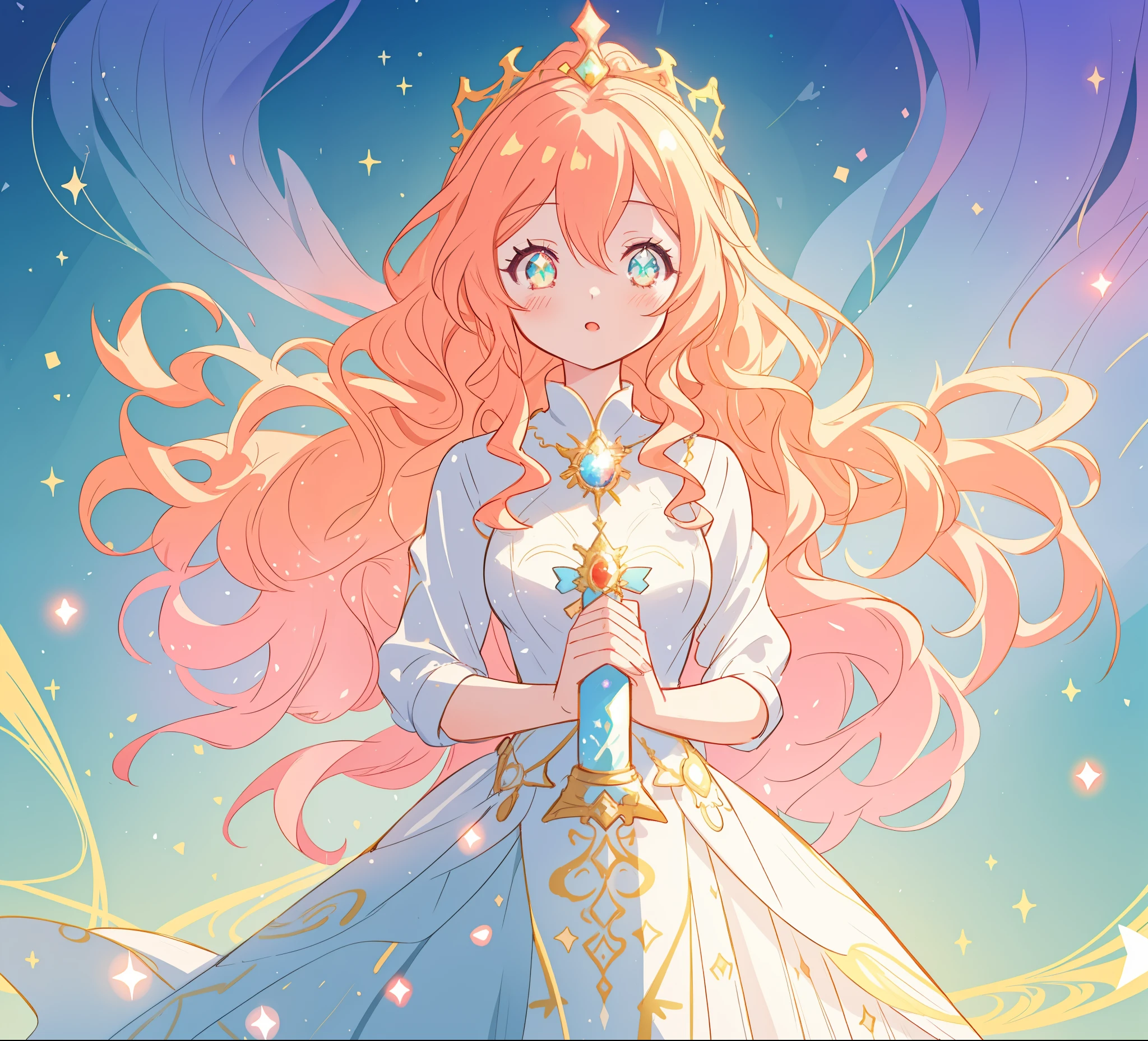 beautiful anime girl in white princess ballgown, vibrant pastel colors, (colorful), magical lights, red and gold long wavy curly hair, sparkling lines of light, inspired by Glen Keane, inspired by Lois van Baarle, disney art style, by Lois van Baarle, glowing aura around her, by Glen Keane, jen bartel, glowing lights! digital painting, flowing glowing hair, glowing flowing hair, beautiful digital illustration, fantasia background, whimsical, magical, fantasy, beautiful face, ((masterpiece, best quality)), intricate details, highly detailed, sharp focus, 8k resolution, sparkling detailed eyes, liquid watercolor