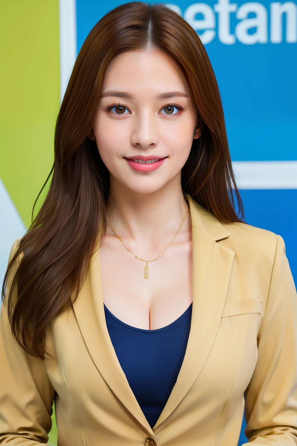 ​masterpiece, 8K, Realistic, Best Quality, Photorealsitic, 1人の女性, 30-years old, Facing the front, ssmile, hyperdetailed face, A detailed eye, Look at viewers, Thick lip, Ash light brown hair, Long hair, medium breasts, wearing diamond necklace, cleavage of the breast, white  shirt, Brown blazer, Inside the office, Bokeh, Long sleeve