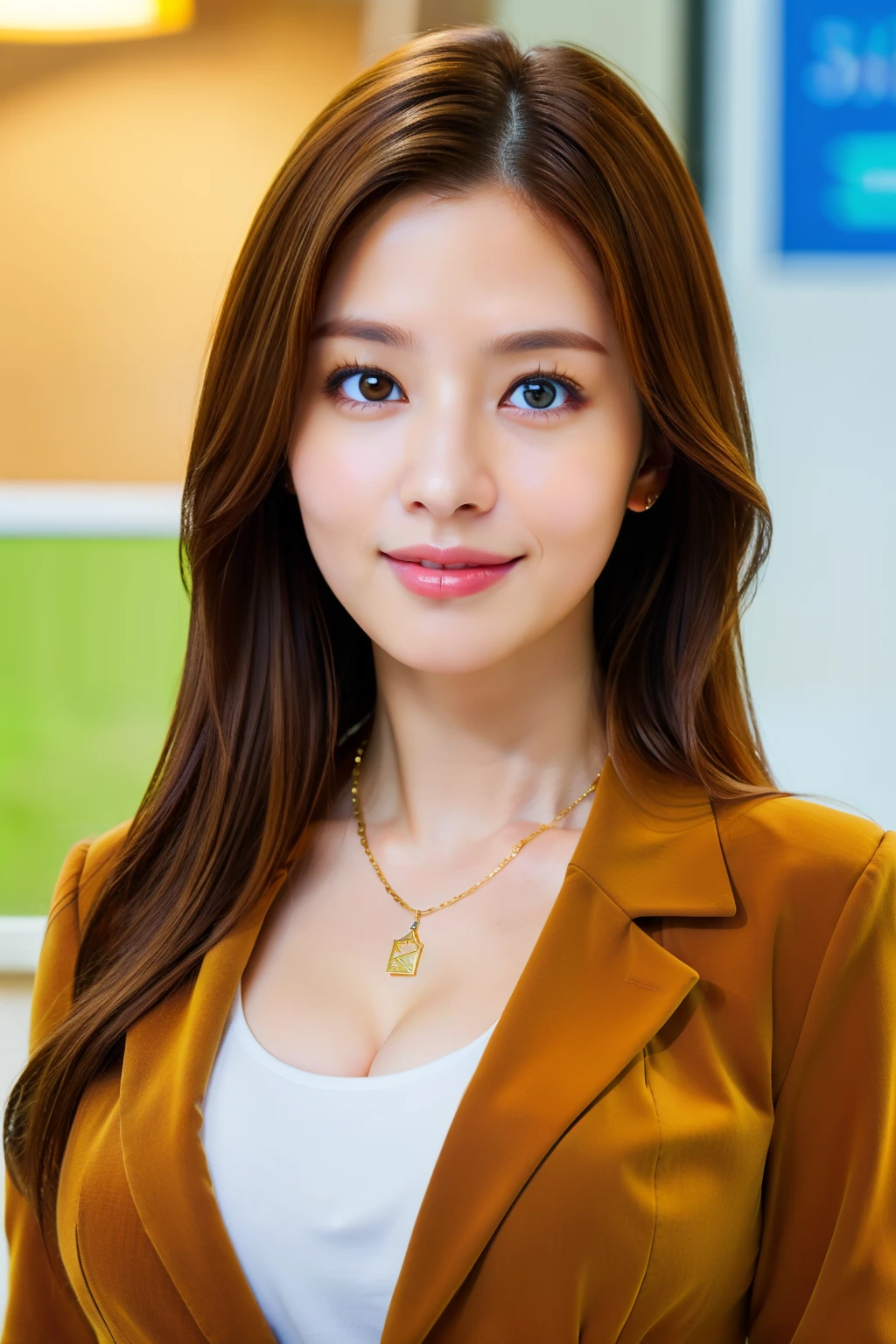 ​masterpiece, 8K, Realistic, Best Quality, Photorealsitic, 1人の女性, 30-years old, Facing the front, ssmile, hyperdetailed face, A detailed eye, Look at viewers, Thick lip, Ash light brown hair, Long hair, medium breasts, wearing diamond necklace, cleavage of the breast, white  shirt, Brown blazer, Inside the office, Bokeh, Long sleeve