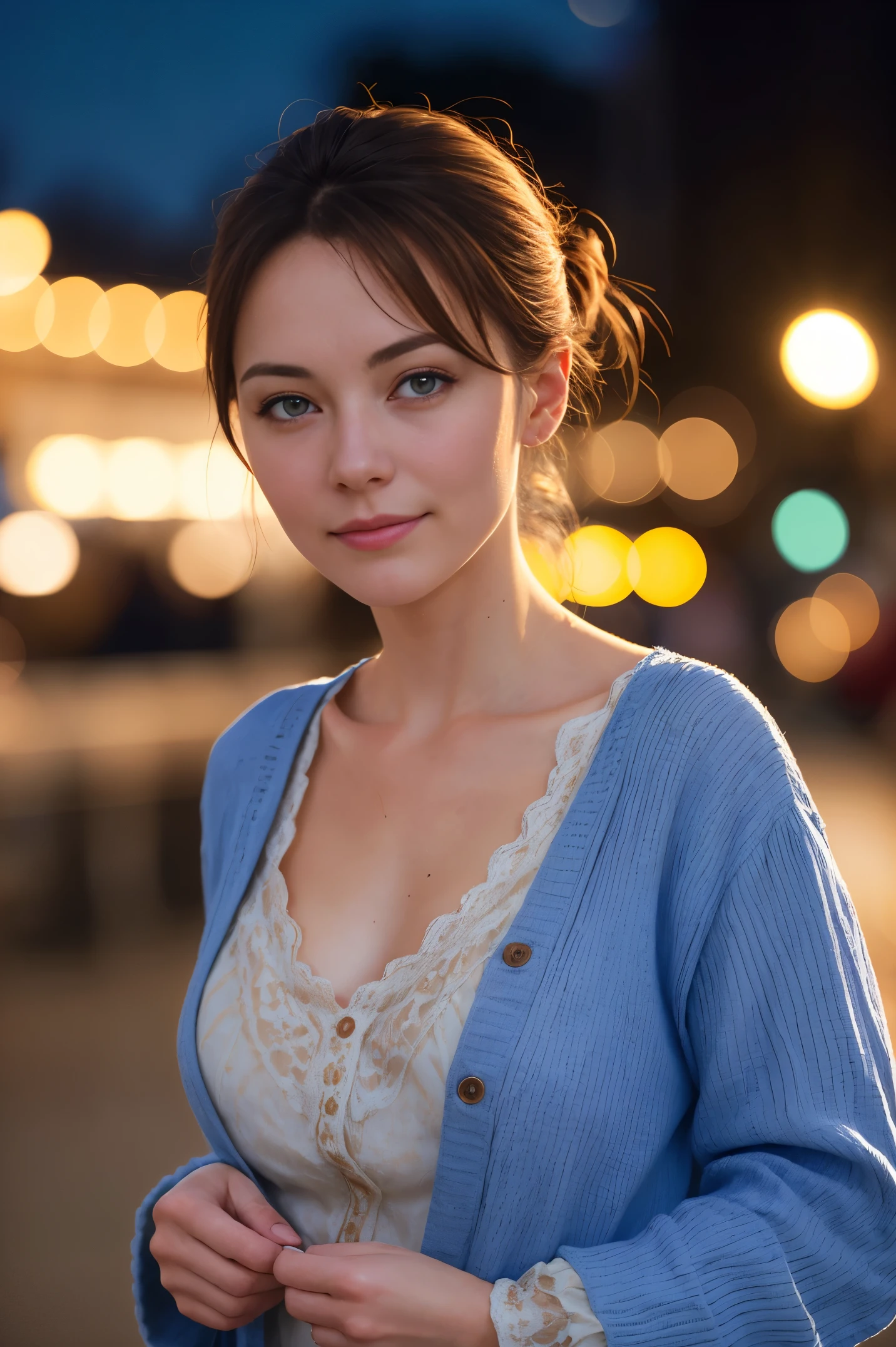 A beautiful introverted European woman wearing frumpy clothing, high detail face, high detail skin, medium  size breasts, 8k, HDR, high resolution, photo-realistic, cinematic lighting, depth of field, bokeh, rim lighting, backlit, cool colours, night