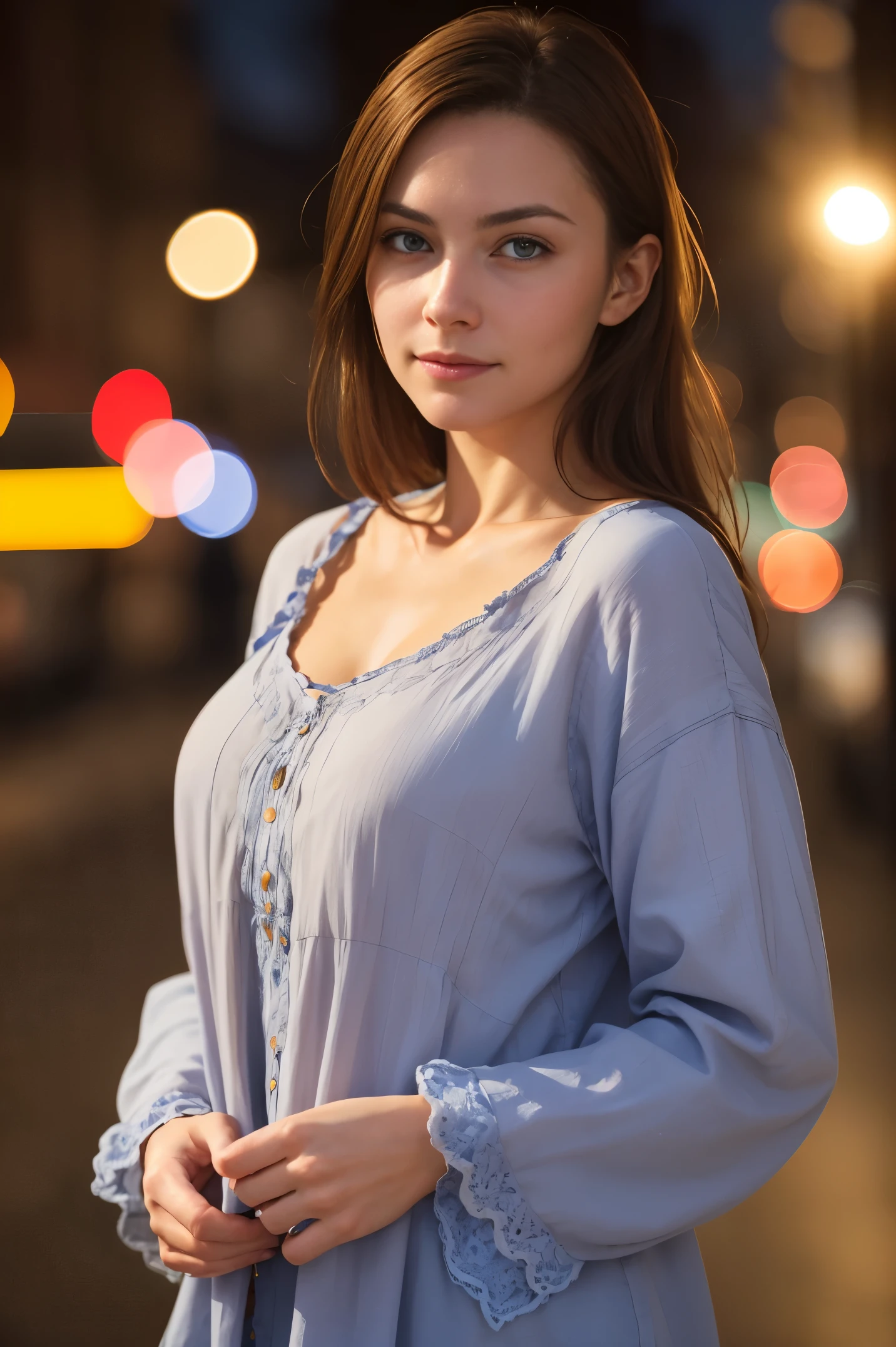 A beautiful introverted European woman wearing frumpy clothing, high detail face, high detail skin, medium  size breasts, 8k, HDR, high resolution, photo-realistic, cinematic lighting, depth of field, bokeh, rim lighting, backlit, cool colours, night