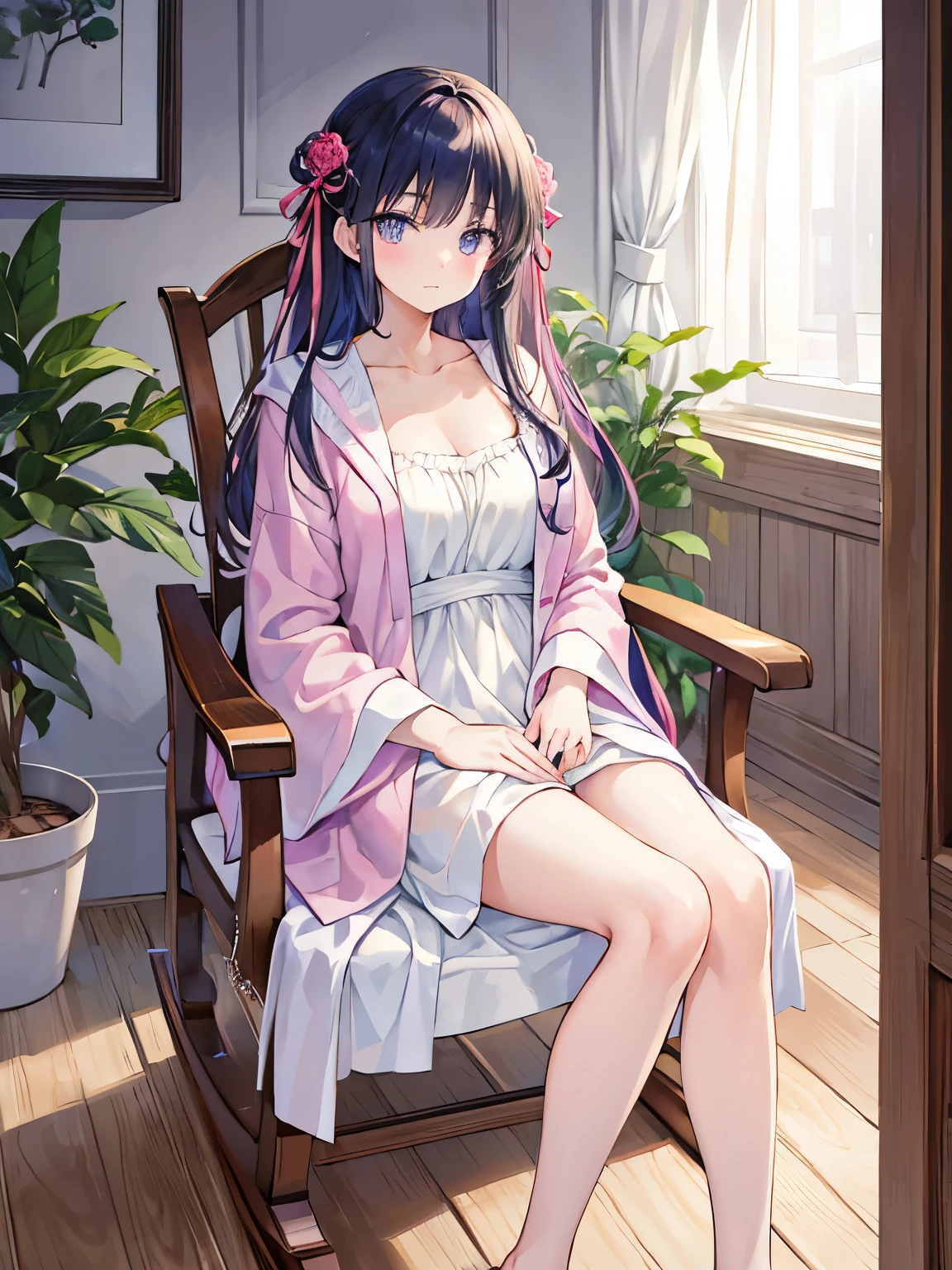 masterpiece, Highest quality, beautiful, high resolution, perfect anatomy, top-quality、 8K、 bathrobe, (woman) in a bathrobe, rocking chair, Sitting in a rocking chair, Sitting in a rocking chair in a bathrobe、 a beauty girl、 Nice、 Beautiful hair、 Beautiful eyes、 Beautiful skin、Beautiful legs、Beautiful arms、Perfect fingers、 Very cute、 Very kawaii、