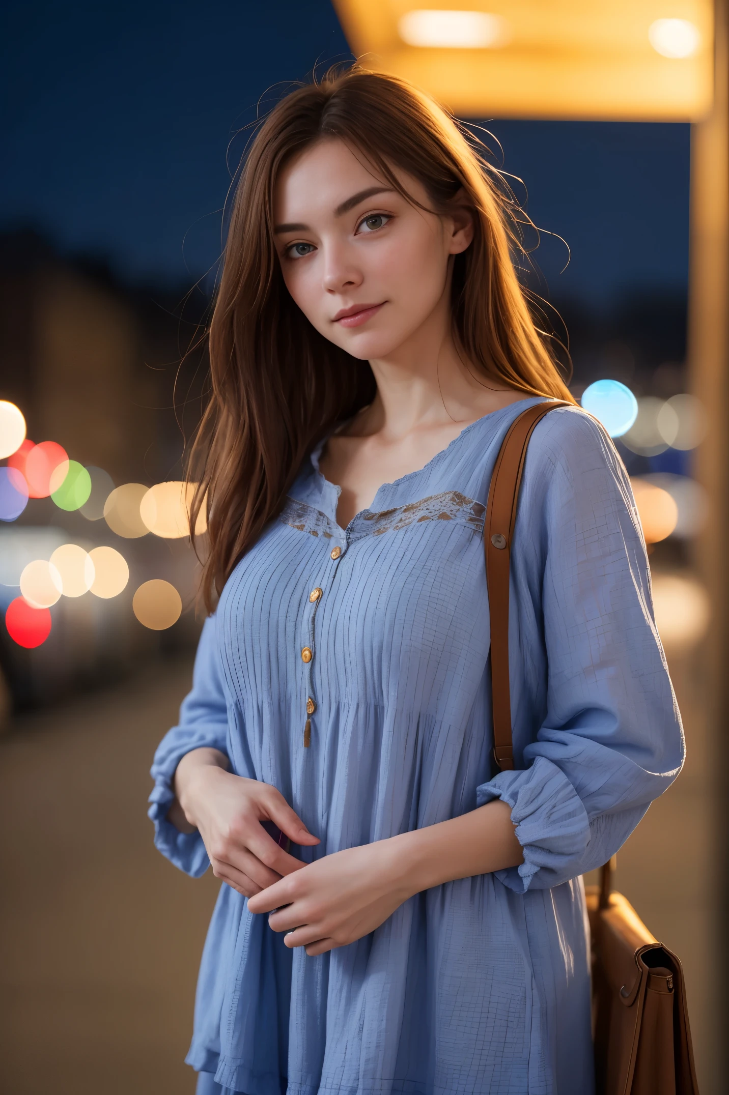 A beautiful introverted European woman wearing frumpy clothing, high detail face, high detail skin, medium  size breasts, 8k, HDR, high resolution, photo-realistic, cinematic lighting, depth of field, bokeh, rim lighting, backlit, cool colours, night