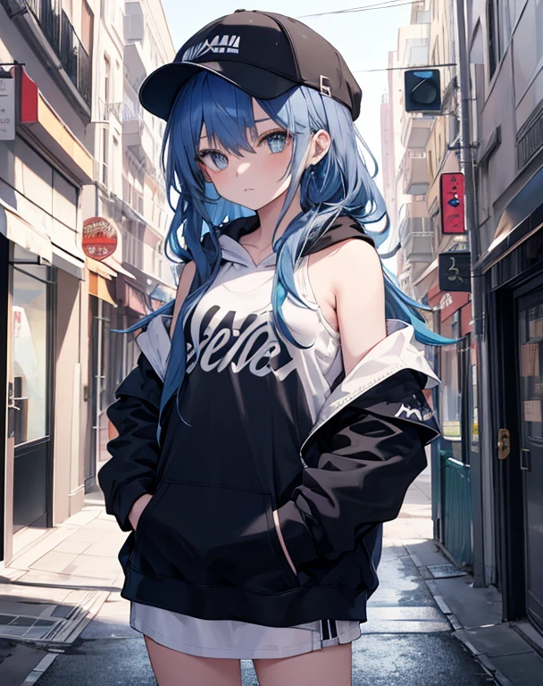 masterpiece,1girl,solo,long hair,blue hair,hoodie,off shoulder:1.2, mob cap, street,hand on hip, hand in pocket,