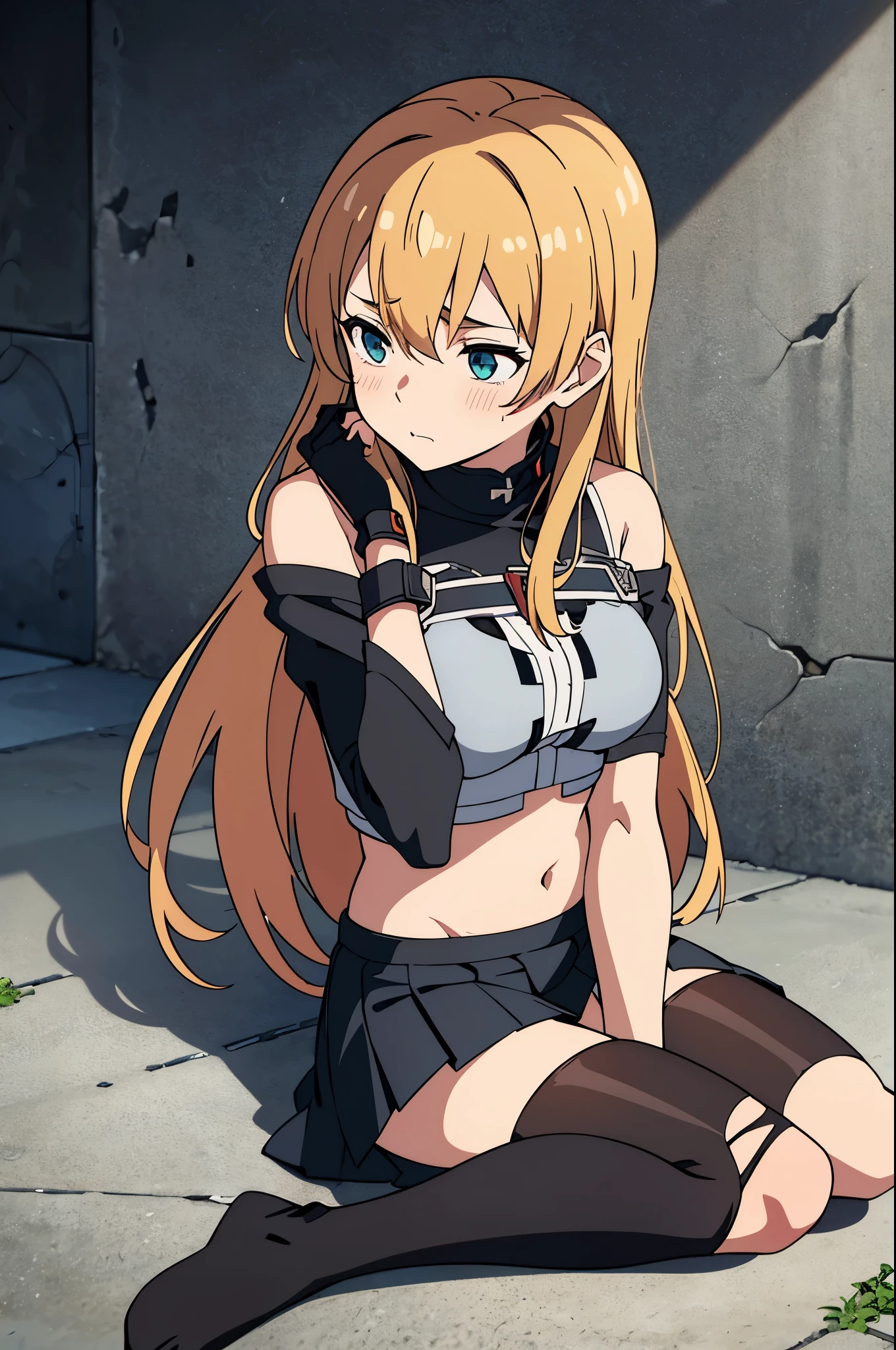 1woman, brunette hair, sword art online asuna face, hair covering right eye, blushing, ripped up spaggethi strap crop top, pleated black ripped skirt, detaily ripped off black tigh-highs, her thigh-highs being shrdedded, getting her clothes ripped to shreds, all destroyed and ripped off clothing, no shoes, laying on back in fetel postition, scracthed and bruised and bleeding, dungeon background, low health points, ryona, beat up girl, near death, fom above