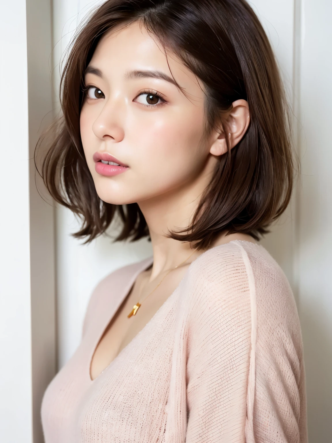 white walls、Taken in front of the white door、(窓のあるwhite wallsの部屋)、Shot in natural light、Highly detailed facial and skin texture、very detailed lips、The correct state of the human body、超A high resolution、(Photorealsitic:1.4)、of the highest quality, 1 beautiful woman, Age 36, S, 35mm lens、Pale pink knit、(Dark brown medium shorthair)、A dark-haired、Japanese woman with bob、(dark brown hair)、Poses variadas、Don't look at the camera、profile、Natural Color Lip、Autumn clothes、Winter clothes、 a necklace、Eye color is dark brown
