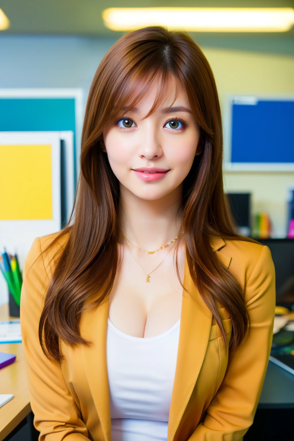 ​masterpiece, 8K, Realistic, Best Quality, Photorealsitic, 1人の女性, 30-years old, Facing the front, ssmile, hyperdetailed face, A detailed eye, Look at viewers, Thick lip, Ash light brown hair, Long hair, medium breasts, wearing diamond necklace, cleavage of the breast, white  shirt, Brown blazer, Inside the office, Bokeh, Long sleeve