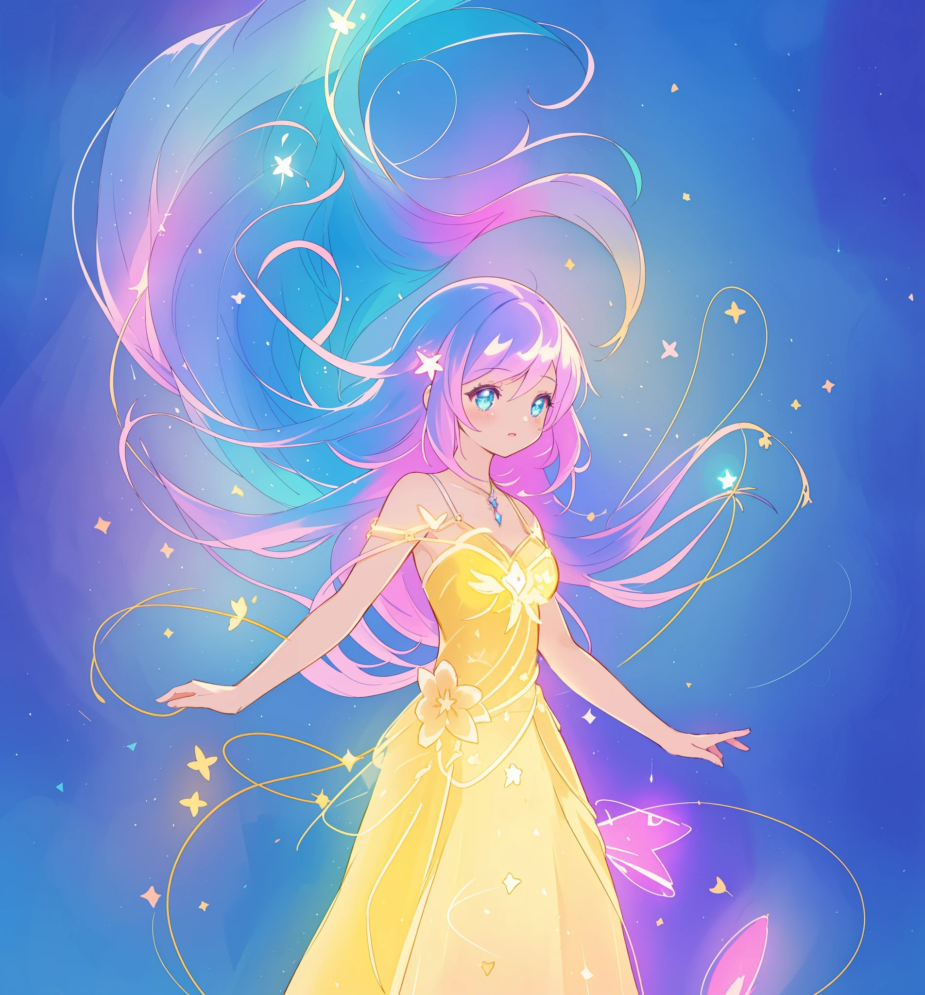 beautiful anime girl in colorful ballgown, vibrant pastel colors, (colorful), magical lights, sparkling liquid light, inspired by Glen Keane, inspired by Lois van Baarle, disney art style, by Lois van Baarle, glowing aura around her, by Glen Keane, jen bartel, glowing lights! digital painting, flowing glowing hair, glowing flowing hair, beautiful digital illustration, fantasia background, whimsical, magical, fantasy, beautiful face, ((masterpiece, best quality)), intricate details, highly detailed, sharp focus, 8k resolution, sparkling detailed eyes, liquid watercolor