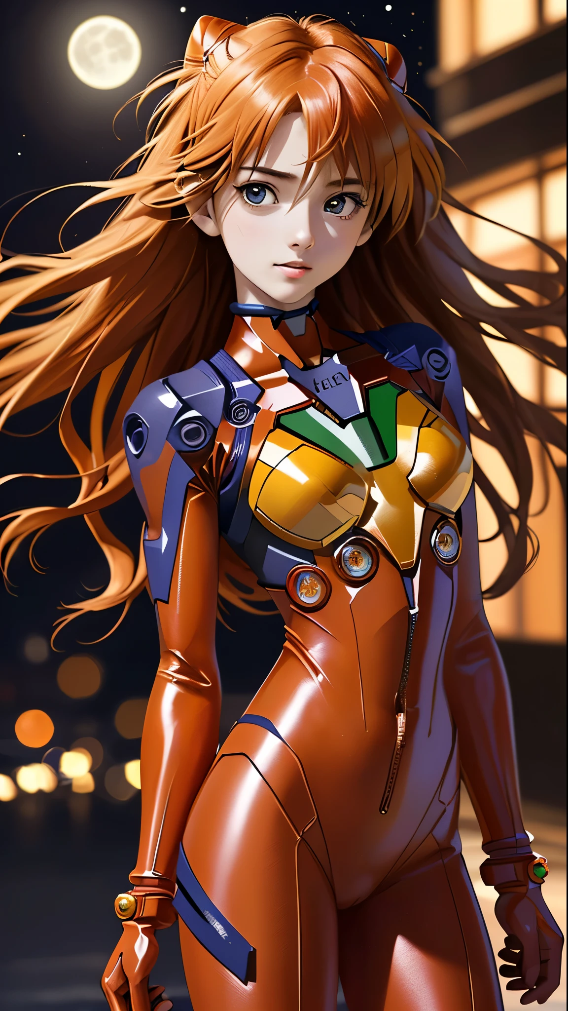 (La mejor calidad, Obra maestra, De color, Dynamic Angle, highest Detallado)(Asuka Langley), Foto de la parte superior del cuerpo, Fashion Photography of Cute Long Haired Redhead Girl (Asuka Langley), dressing high Detallado Evangelion red suit (High-resolution textures), in dynamic pose, Bokeh, (Detalles intrincados, hyperDetallado:1.15), Detallado, Moonlight passes through hair, noche perfecta, (Fantastic Art Background), (Arte Oficial, extreme Detallado, highest Detallado), HDR+, panties green