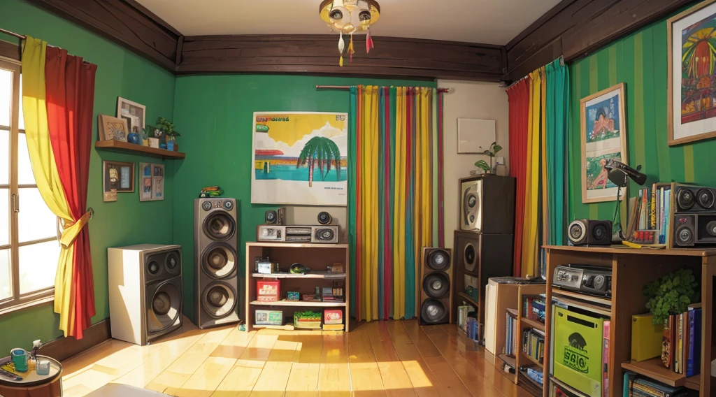 (reggae cassette tape), (room with big speakers, rasta color curtains)