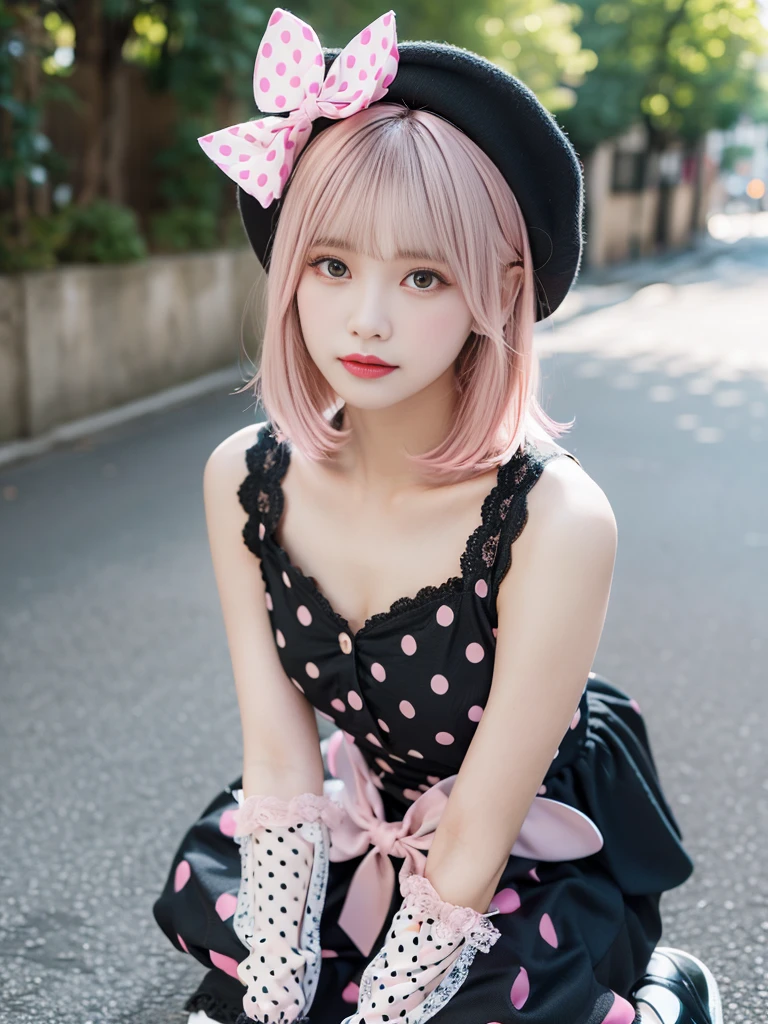(Realistic, photo-Realistic:1.37), (masutepiece), (Best Quality:1.4), (超A high resolution:1.2),(Raw photo:1.2), 1girl in、femele、Wavy black hair、shorth hair、bluntbangs、green colored eyes、BREAK in gothic lolita dress, (wearing (pink:1.2) and (black:0.8) dress with (polka dot pattern:1.2) and lace appliques:1.4), wearing no sleeves and halter neck, wearing short skirt with layers of lace and tulle, (wearing black gloves and pink shoes with straps:1.4), BREAK (wearing black hat with pink bow:1.3),
BREAK (short pink hair with spikes and bangs,