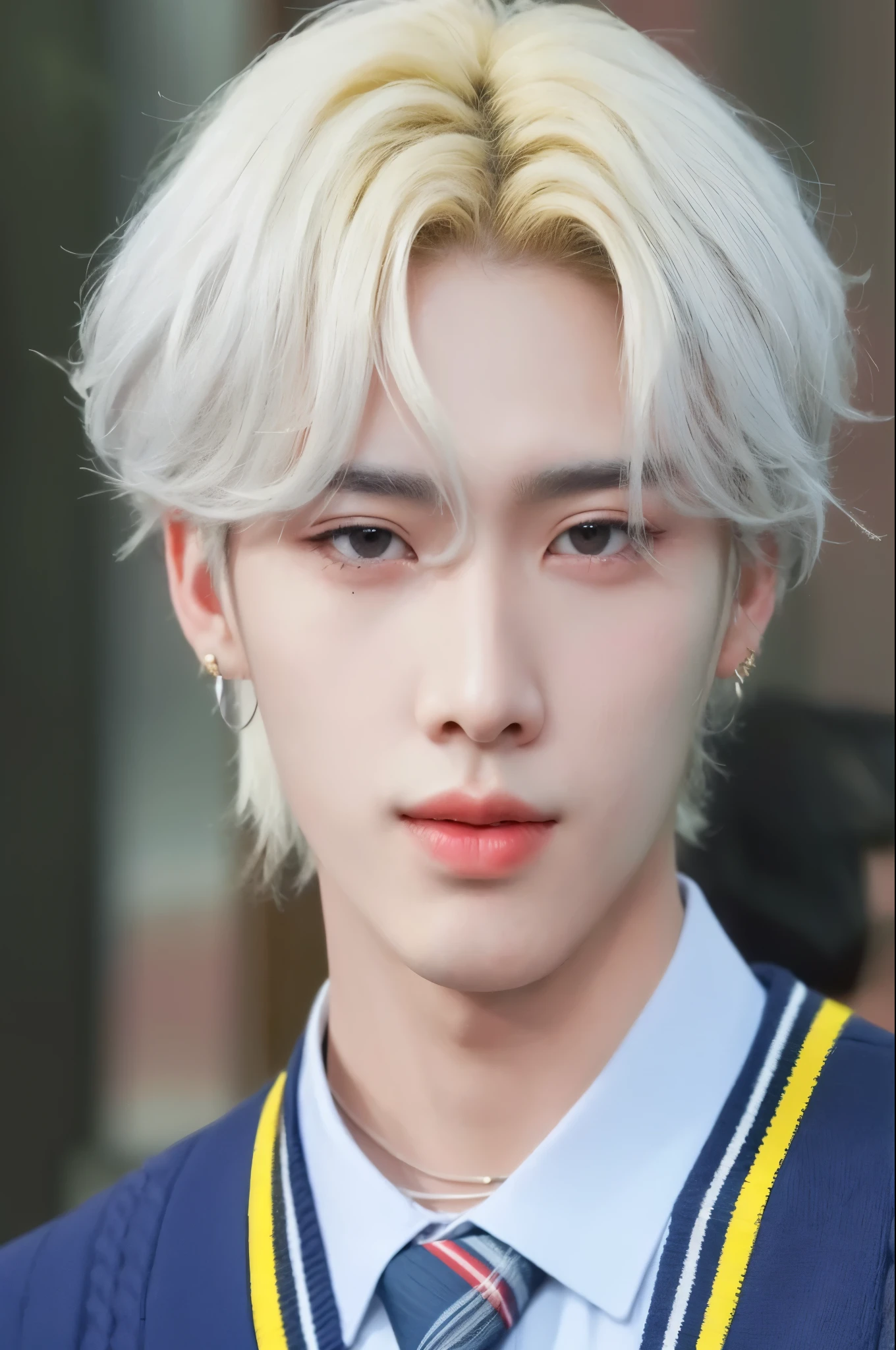 a close up of a person with a tie and a sweater, cai xukun, kim doyoung, yanjun chengt, wan adorable korean face, sakimichan, jung jaehyun, jinyoung shin, white horns from eyebrows, with same hairstyle, inspired by Bian Shoumin, xqc, 1 7 - year - old boy thin face, hyung tae