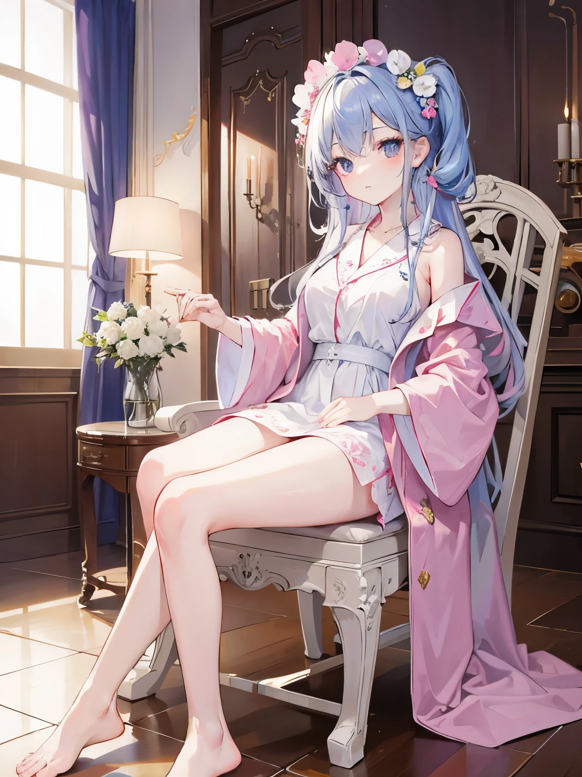 masterpiece, Highest quality, beautiful, high resolution, perfect anatomy, top-quality、 8K、 bathrobe, (woman) in a bathrobe, rocking chair, Sitting in a rocking chair, Sitting in a rocking chair in a bathrobe、 a beauty girl、 Nice、 Beautiful hair、 Beautiful eyes、 Beautiful skin、Beautiful legs、Beautiful arms、Perfect fingers、 Very cute、 Very kawaii、