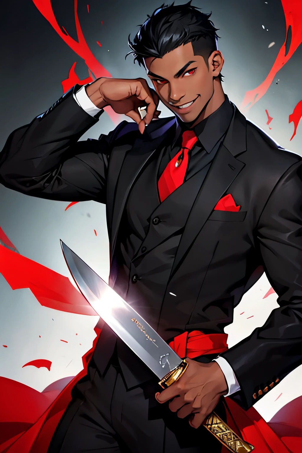 Black young man, black hair, short hair, Tall, black suit, red eyes, fang, smile, knife, beautiful