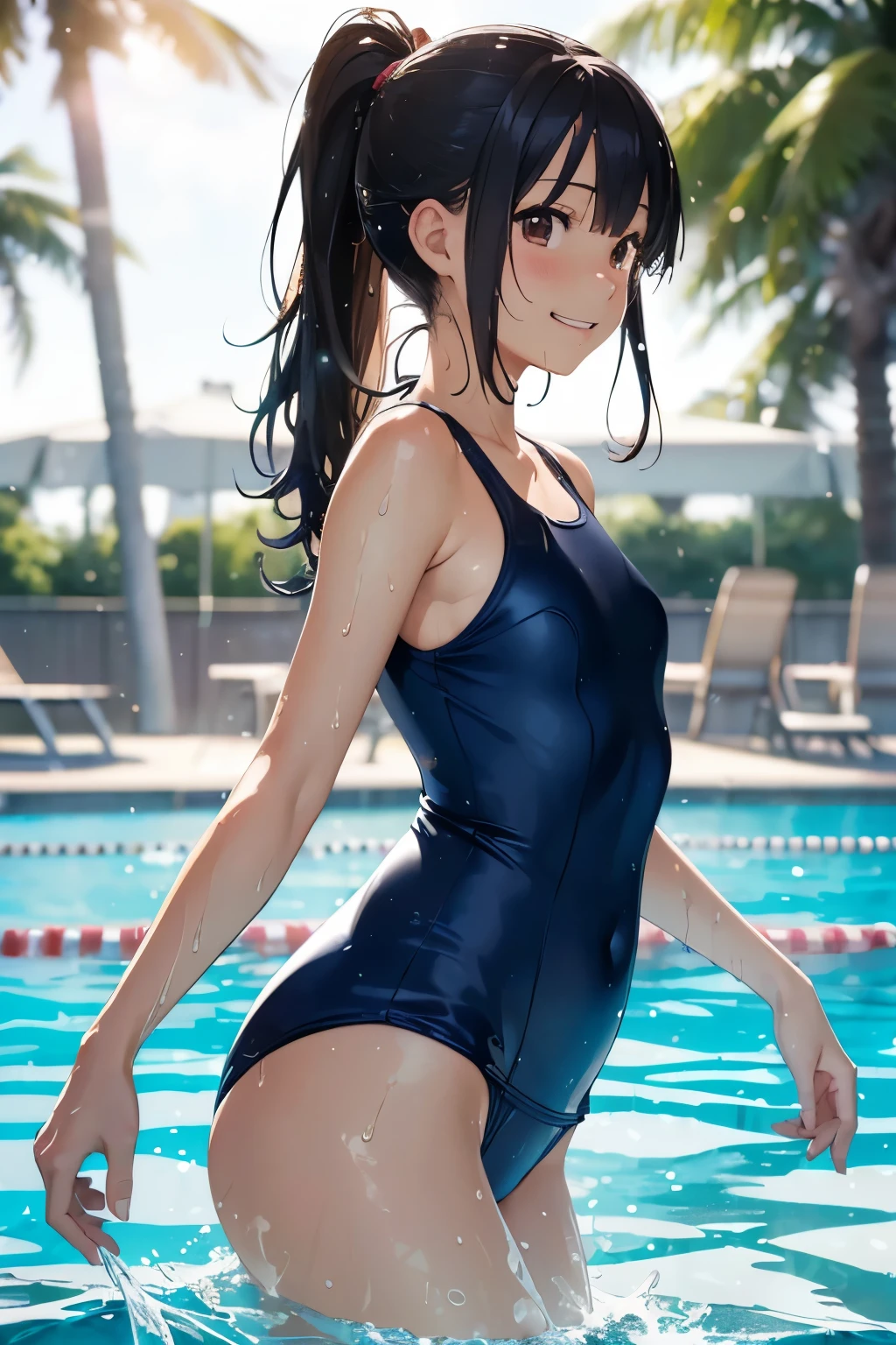 (masutepiece:1.2), (Best Quality:1.1), (hyper detailed illustration)，(beautiful artwork)， ager girl，(School swim wear), 1girl, (School Swimsuit:1.3), onepiece swimsuit, Outdoors, Long hair, Wet, Covered navel, Water, Black hair, (Big smile)， Brown eyes, day, Small bust, Bangs, (Wet:1.1)，(Water splash:1.1)，Facing，(straggling hair)，Ponytail，The swimsuit is wet，(Lens Flare)，(Tsurime)，(Sweat)，(Bokeh:1.2)，(brown eyes)，cowboy shot，(evil smile)，(NAVY BLUE school-swimsuit:1.3)，sandy beach，contrapposto，arched body，