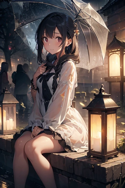 (extremely detailed CG unity 8k wallpaper), a beautiful young woman in the rain, dress, sitting, graveyard with lanterns, Style-Empire, (Style-Glass), (((surrealism))), full_body_shot, dramatic, backlit, light rays, volumetric lighting, detailed face, highly detailed, painting