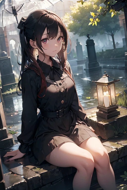 (extremely detailed CG unity 8k wallpaper), a beautiful young woman in the rain, dress, sitting, graveyard with lanterns, Style-Empire, (Style-Glass), (((surrealism))), full_body_shot, dramatic, backlit, light rays, volumetric lighting, detailed face, highly detailed, painting