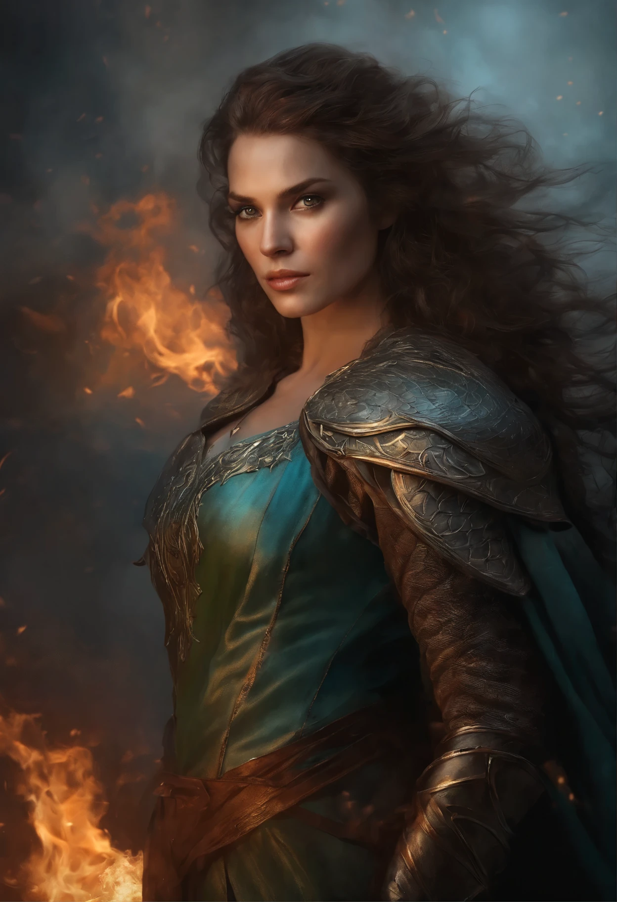 close-up of a woman with brown curls and green eyes wearing a light blue nightie, standing face to face with a copper-gray huge majestic dragon and a scorching fire demon , epic fantasy art style, dark fantasy style art, portrait of fin wildcloak, detailed fanart, fantasy portrait, artistic portrait in epic fantasy style, graphic artist magali villeneuve, male portrait in fantasy style, The Man with the Soul of a Dragon, epic fantasy style art, epic fantasy digital art style