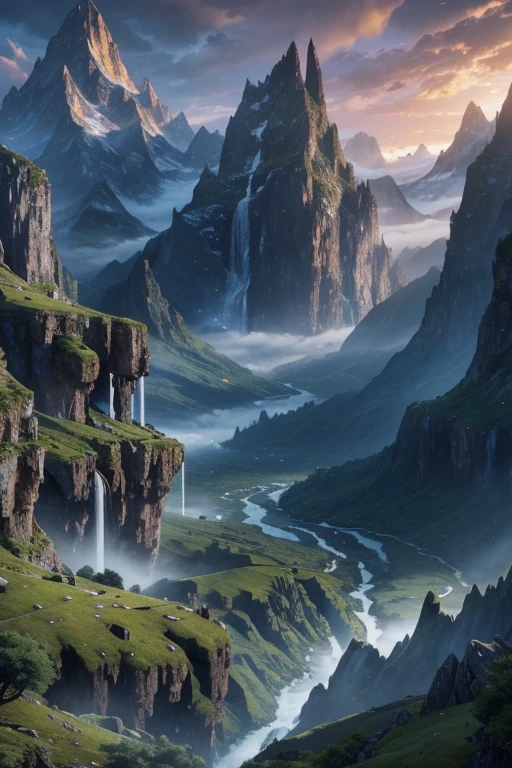 mountains with a waterfall and a few trees in the foreground, impressive fantasy landscape, an epic landscape, fantasy matte painting,cute, fantasy art landscape, most epic landscape, 4k hd matte digital painting, epic fantasy landscape, 4k highly detailed digital art, epic dreamlike fantasy landscape, epic landscape, 4 k matte painting, ross tran. scenic background