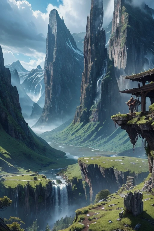 mountains with a waterfall and a few trees in the foreground, impressive fantasy landscape, an epic landscape, fantasy matte painting,cute, fantasy art landscape, most epic landscape, 4k hd matte digital painting, epic fantasy landscape, 4k highly detailed digital art, epic dreamlike fantasy landscape, epic landscape, 4 k matte painting, ross tran. scenic background