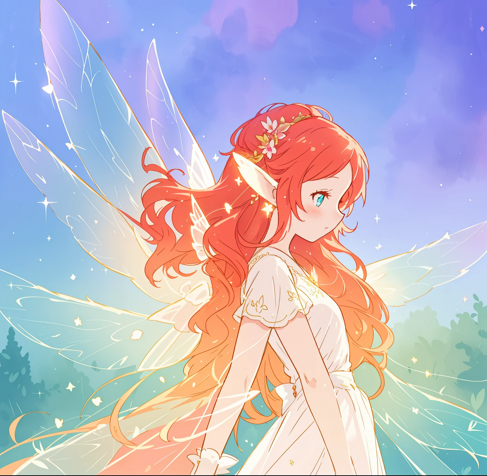 beautiful fairy girl in flowing white dress, fairy dress, fairy queen, (glowing fairy wings), long red hair, sparkling fairy wings, watercolor illustration, inspired by Glen Keane, inspired by Lois van Baarle, disney art style, by Lois van Baarle, glowing aura around her, by Glen Keane, jen bartel, glowing lights! digital painting, flowing glowing hair, glowing flowing hair, beautiful digital illustration, fantasia otherworldly landscape plants flowers, beautiful, masterpiece, best quality, anime disney style