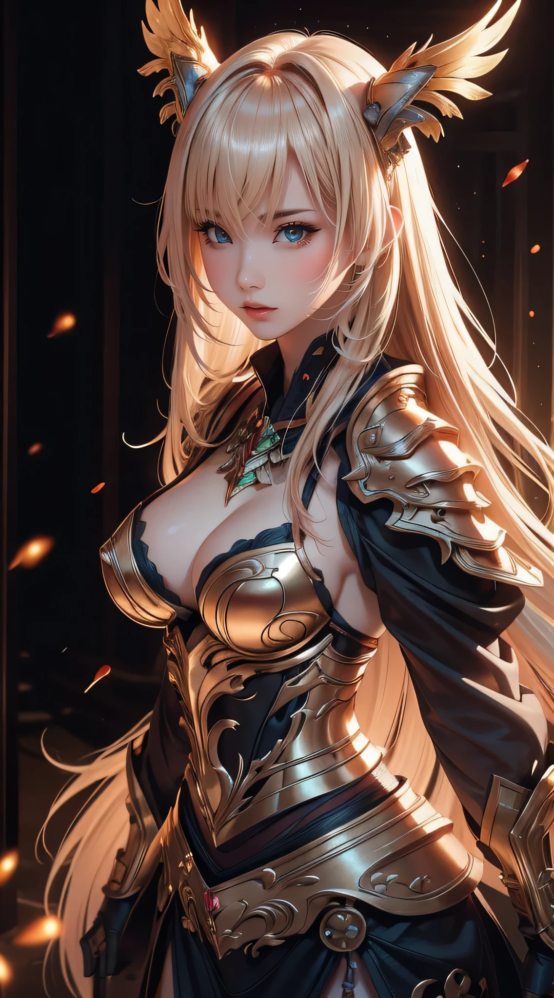 (Random Fighting Pose),Extreme close-up,Cinematic scene,Fantasy Art,Highest image quality,hyperrealistic portrait,(8K),Ultra-realistic,Best Quality,High quality,High Definition,high quality texture,high detailing,Beautiful detailed,fine detailed,extremely details CG,Detailed texture,realistic representation of face,masutepiece,presence,Dynamic,Bold,1gir,Ultra detailed skin,Curve,Petite,Beautiful breasts,Large breasts,pale skin,pointed breast,Erect nipples,(super thin hair),(ultra soft hair),(ultra straight hair),Swept long bangs,very light coppery amber hair,Hair over one eye,Japanese clothes with armor