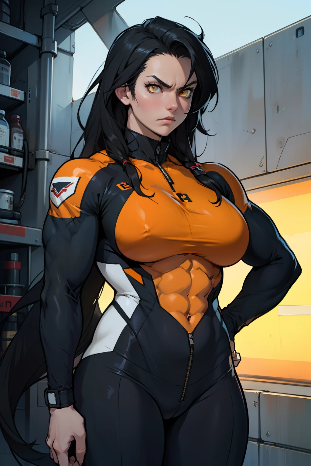 angry girl pale skin (((((muscular girl))))) (((thick))) (((breasts))) pilot suit bodysuit black hair yellow eyes very long hair very long hair very long hair