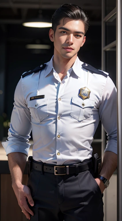 ((Men only)), (cowboy shot), (Tanned handsome muscular male police officer in his 30's ), He is Tall, well-built, clean-shaven male officer with a stern gaze, wearing the iconic LAPD uniform and badge, exuding authority and confidence, Mischievous smile, (detaile: 1 in 1), Natural muscles, HIG quality, beautidful eyes, (Detailed face and eyes), (Face、: 1 / 2), Noise, Real Photographics、... ............................................................................PSD, Sharp Focus, High resolution 8K, realisitic & Professional Photography, 8K UHD, Soft lighting, High quality, Film grain, FujifilmXT3