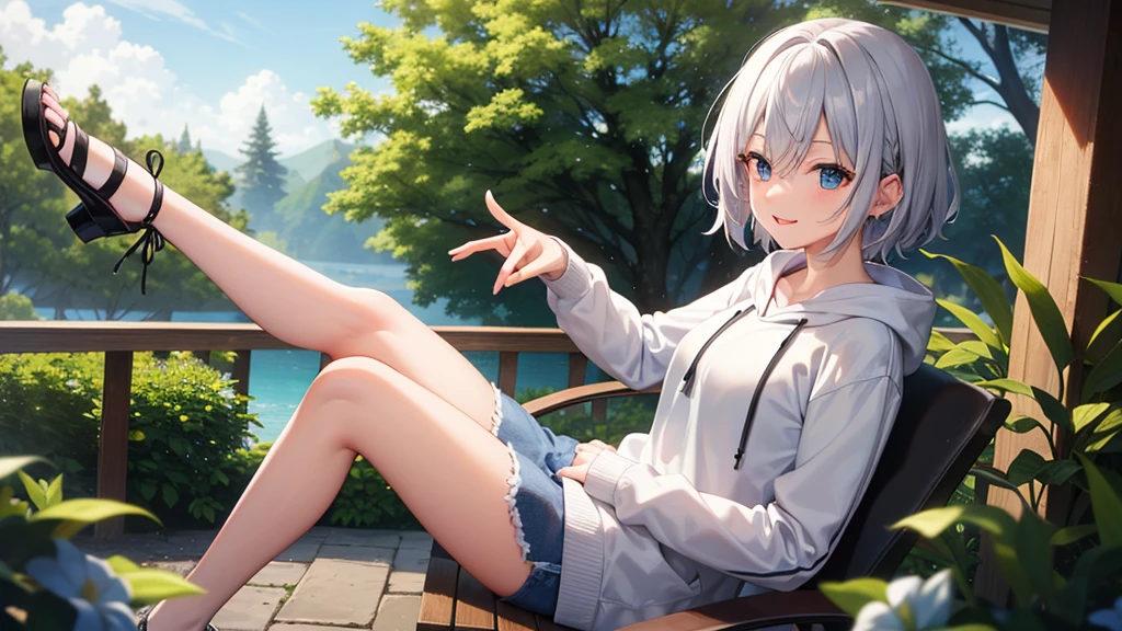(masutepiece: 1.2, Best Quality), 1 Lady, Solo, silber hair,Shoulder out,Very short hair, long bangs between eyes, blue eyess,Black eyes, Hoodie,White hair, Silver hair, Hoodie, White hoodie、blue-sky、in woods、izumi、flower  field、sit a chair、open open mouth、5 fingers