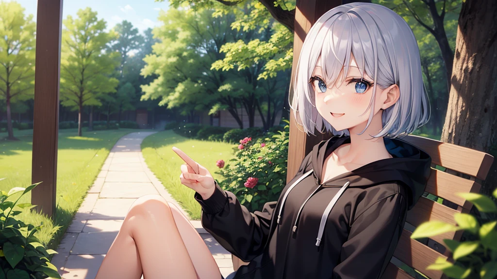 (masutepiece: 1.2, Best Quality), 1 Lady, Solo, silber hair,Shoulder out,Very short hair, long bangs between eyes, blue eyess,Black eyes, Hoodie,White hair, Silver hair, Hoodie, White hoodie、blue-sky、in woods、izumi、flower field、sit a chair、a smile、open open mouth、5 fingers