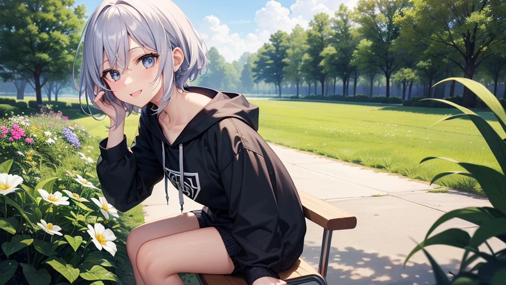 (masutepiece: 1.2, Best Quality), 1 Lady, Solo, silber hair,Shoulder out,Very short hair, long bangs between eyes, blue eyess,Black eyes, Hoodie,White hair, Silver hair, Hoodie, White hoodie、blue-sky、in woods、izumi、flower  field、sit a chair、a smile、open open mouth、5 fingers