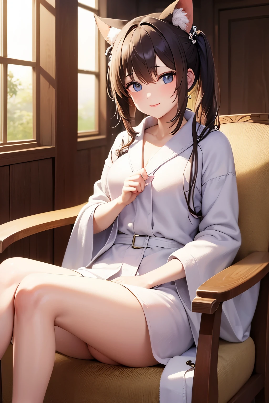 1girl, brown hair, long hair, hair between eyes, bangs, golden brown eyes, sitting on wooden bench, wooden cabin, feet_out_of_frame, bath house, indoors, naked bathrobe, medium breasts, tall, mature female, long legs, smile, blush, reaching out, long sleeves,  masterpiece, best quality,, (waifu, anime, exceptional, best aesthetic, new, newest, best quality, masterpiece, extremely detailed:1.2),