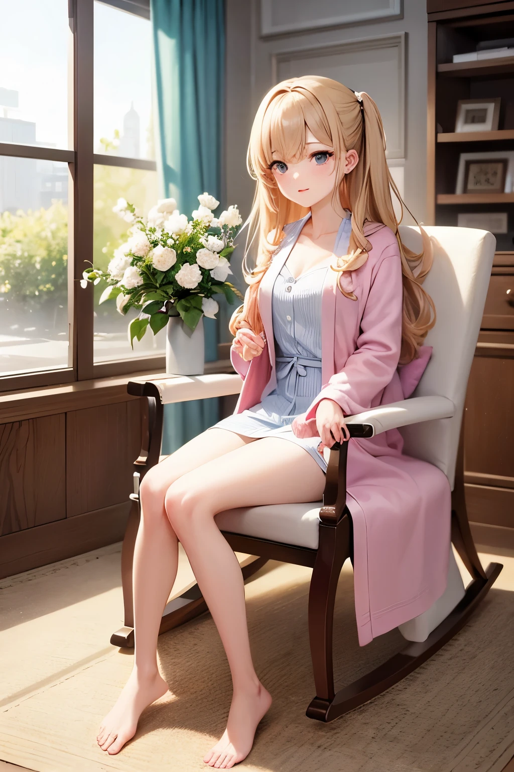 masterpiece, Highest quality, beautiful, high resolution, perfect anatomy, top-quality、 8K、 bathrobe, (woman) in a bathrobe, rocking chair, Sitting in a rocking chair, Sitting in a rocking chair in a bathrobe、 a beauty girl、 Nice、 Beautiful hair、 Beautiful eyes、 Beautiful skin、Beautiful legs、Beautiful arms、Perfect fingers、 Very cute、 Very kawaii、