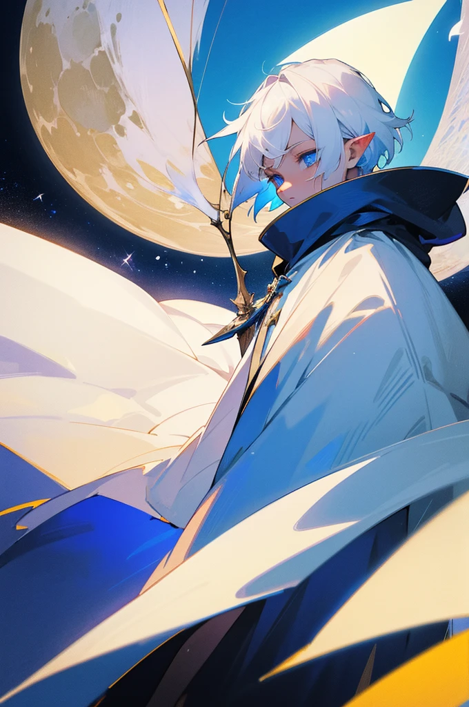 ultra-detailed, pointed ears, white hair, blue eyes, short hair, wearing a cloak with white colors, the cloak decorated with the color blue, holding a bow and arrow in his hand, the cloth is the moon, a face, ethereal lighting , mystical atmosphere, vibrant colors