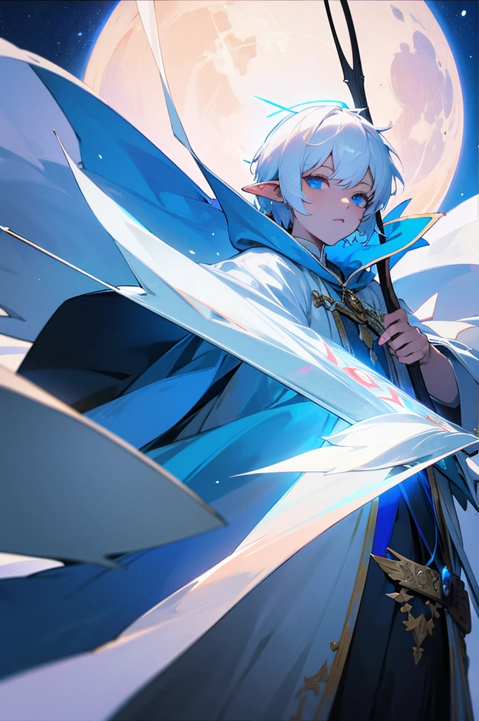 ultra-detailed, pointed ears, white hair, blue eyes, short hair, wearing a cloak with white colors, the cloak decorated with the color blue, holding a bow and arrow in his hand, the cloth is the moon, a face, ethereal lighting , mystical atmosphere, vibrant colors