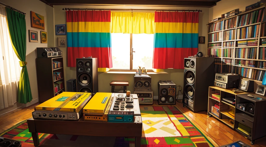 (reggae cassette tapes and records), (room with big speakers, rasta color curtains)