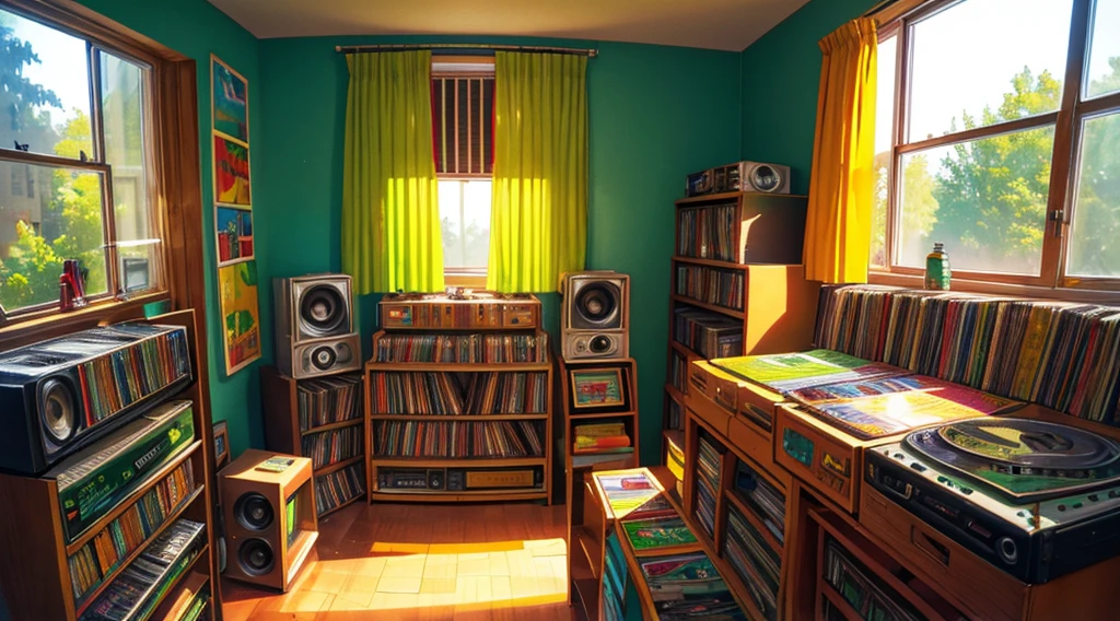 (reggae cassette tapes and records), (room with big speakers, rasta color curtains)