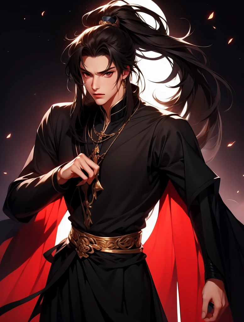 solo person,Anime boy with black hair and black clothes,male people,Song dynasty,Long gray hair,gold eyes,high ponytails,gilgamesh, grand order of destiny, style anime, 像destiny一样/spend the night with, destiny / spend the night with, Portrait of a magical blond prince, handsome anime pose, Fate still stays at night, joseph joestar, male people动漫人物, By Anime Painter Studio, 8K!