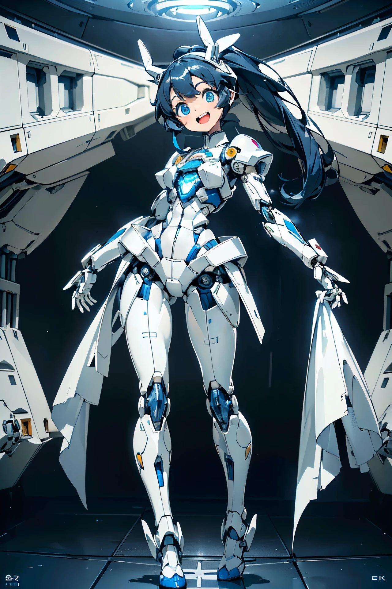(((masterpiece))), (((Best Quality))), (((high quality))), (((beautiful))), (((8K))), (((highres))), (((absurdres))), (((exquisite))), (((Ultra high definition))), (((High resolution))), li robot, (lo:1.4), (toddr:1.4), (extra large head:1.5), (short legs:1.4), (Highly detailed and extremely complex mechanics:1.2), (Highly detailed eye depiction:1.4), (Streamlined body based on pure white1.2), White and navy blue pilot suit, White and navy blue tight-fitting clothing, White and navy blue shoulder cover clothes, White and navy blue shiny clothes, navy blue tight fit pants, White and navy blue thigh cover pants, (Super drooping eyes:1.4), (Machine body:1.4), (Mechanical joints:1.4), (An extremely complex machine visible through its joints:1.4), (dark blue hair long ponytail:1.2), (A large pure white ribbon made of cloth that ties her hair.:1.2), mecha musume, Mechanical parts, Robot joints, Headgear, (Laughing with open mouth:1.3), (Head tilt:1.3), (stand on the passageway inside the ship:1.3), (full body:1.4)